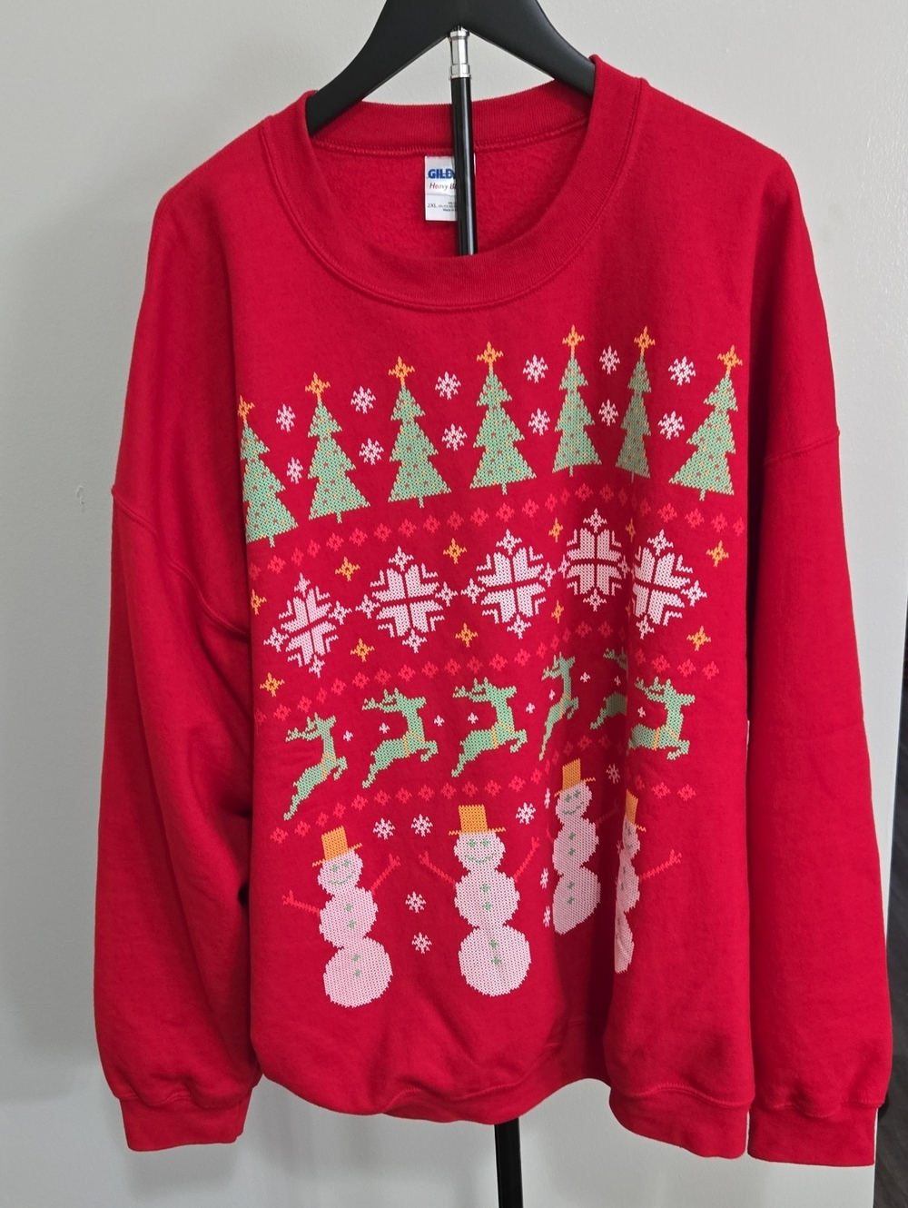 Gildan Red Holiday Sweater with Green Trees, White Snowmen and Gold Accents